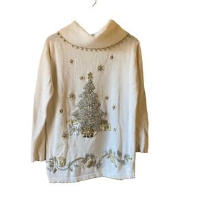 Vintage Victoria Jones White Beaded Christmas Tree Cowl Neck Sweater Women's L
